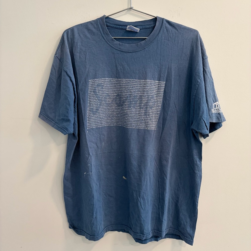 Vintage Hanes Beefy-T Blue Graphic T-Shirt‎ XL Beams Sleeve Tech Code Print